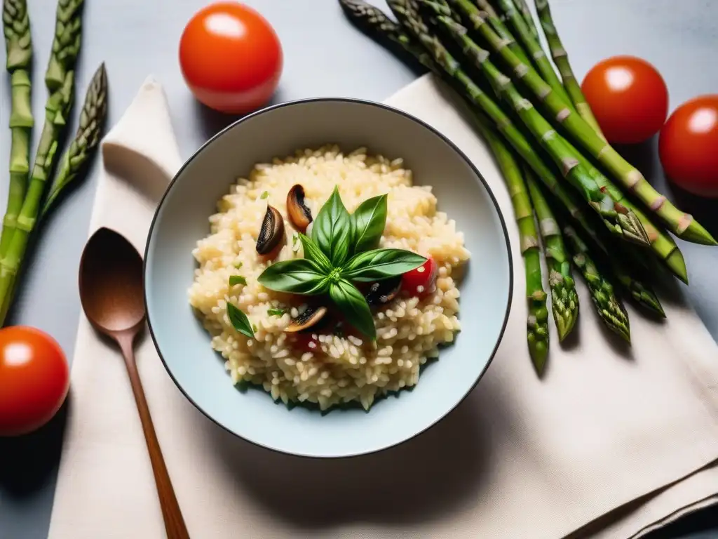 Preparando risotto vegano con sabores italianos en una mesa rústica llena de ingredientes frescos y coloridos