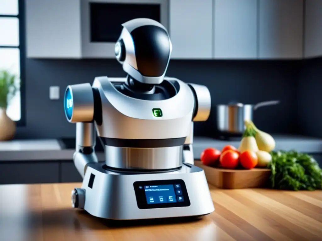 Robot de cocina para veganos en una cocina ecoamigable y luminosa, con acabado blanco mate y detalles de bambú y acero inoxidable