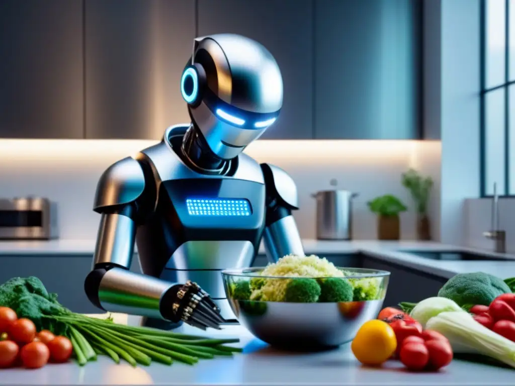 Robot de cocina para veganos preparando verduras con precisión y eficiencia en una cocina moderna y futurista