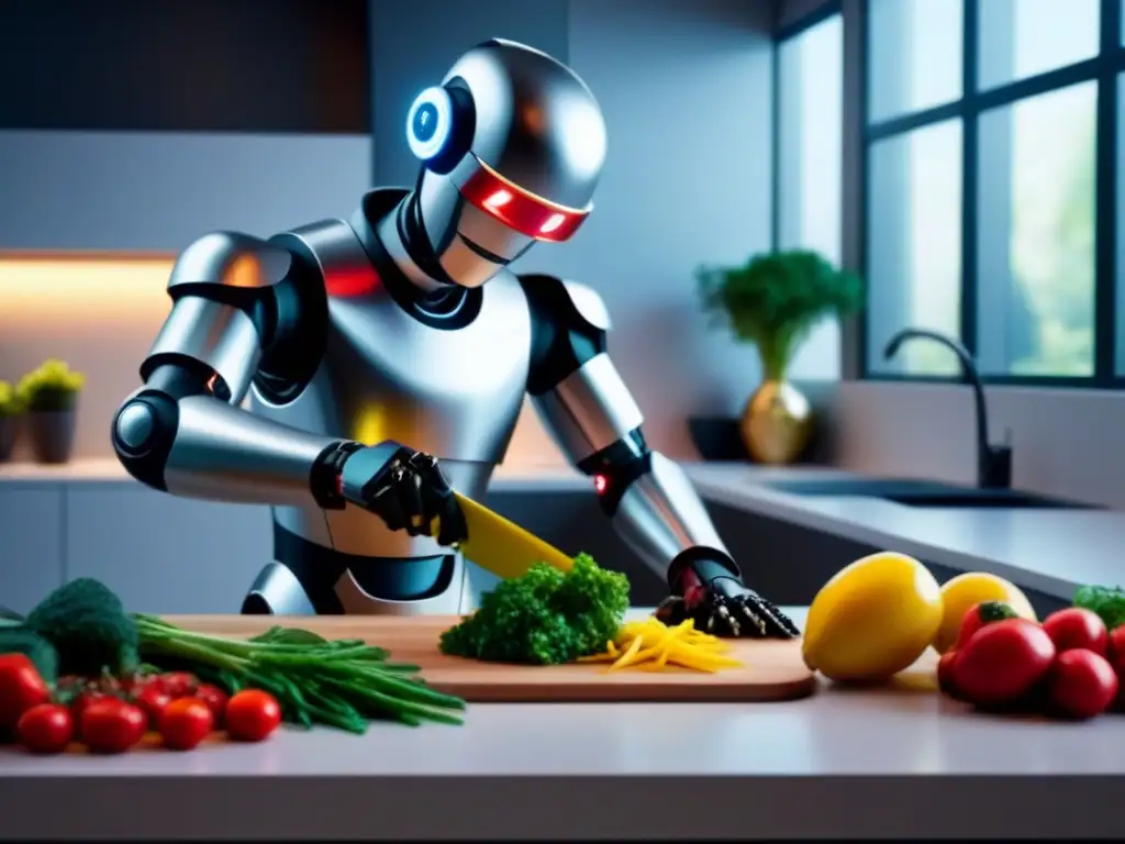 Un robot de cocina de última generación cortando verduras en un elegante mostrador