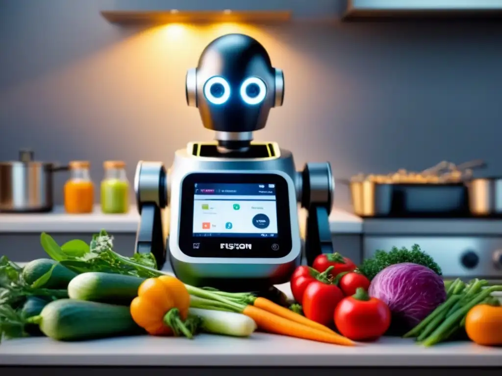 Un robot de cocina de última generación preparando verduras frescas con precisión y eficiencia, ideal para dietas veganas sostenibles