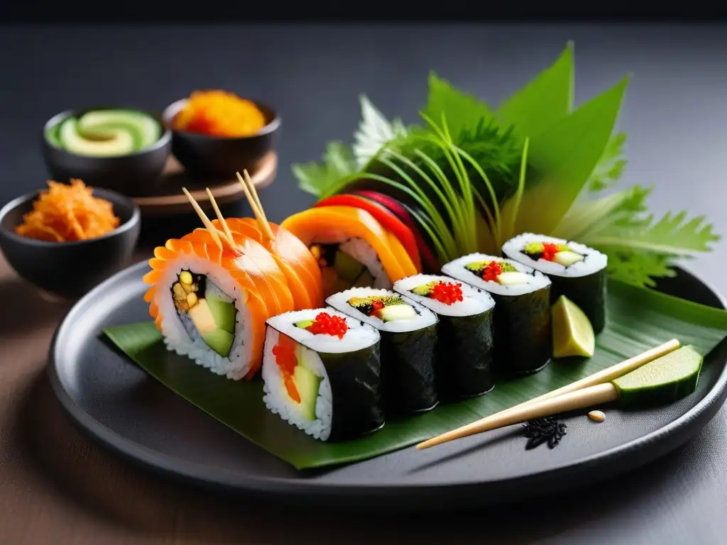 Un rollo de sushi vegano asiático sin limitaciones: una obra de arte colorida y detallada con ingredientes frescos y vibrantes