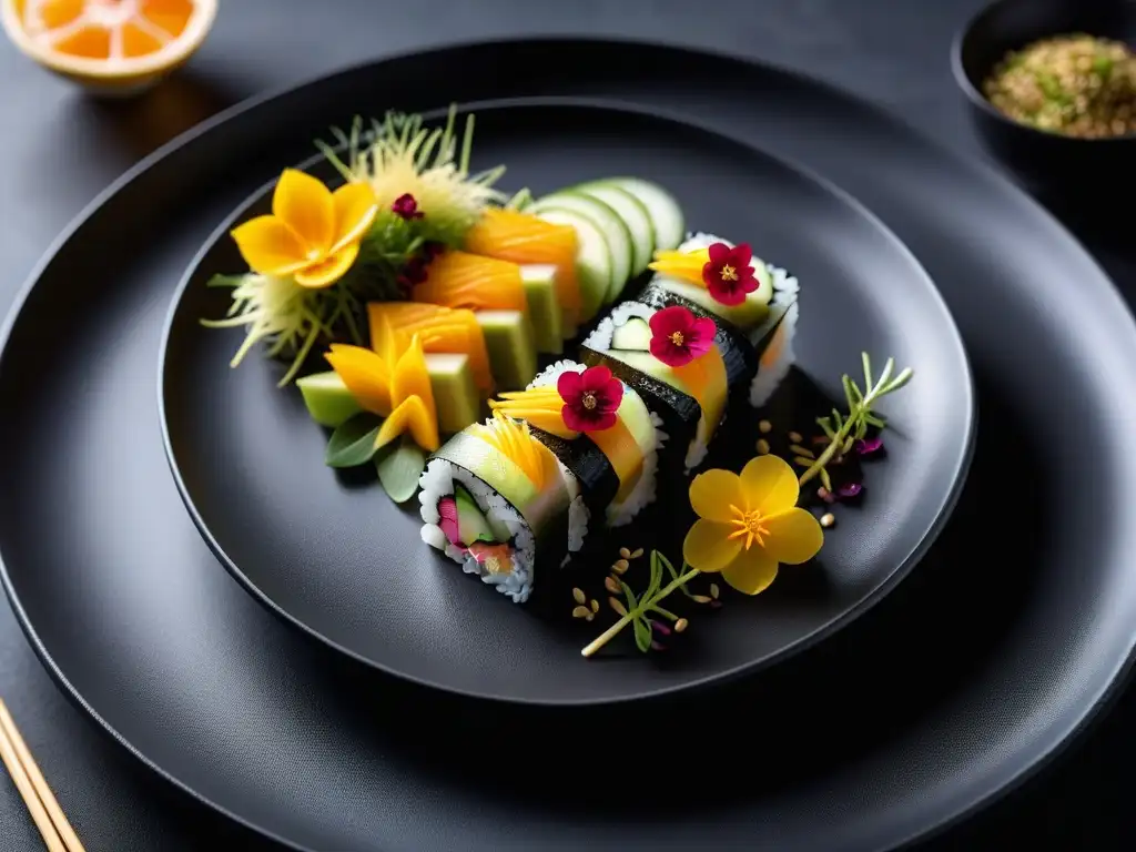 Un rollo de sushi vegano con ingredientes coloridos y frescos, presentado con elegancia en un plato negro minimalista