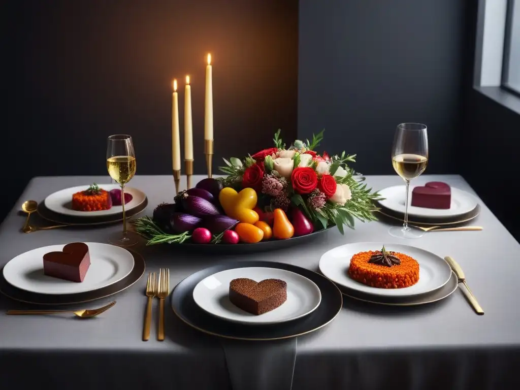 Un romántico menú vegano cena San Valentín en una elegante mesa iluminada por velas