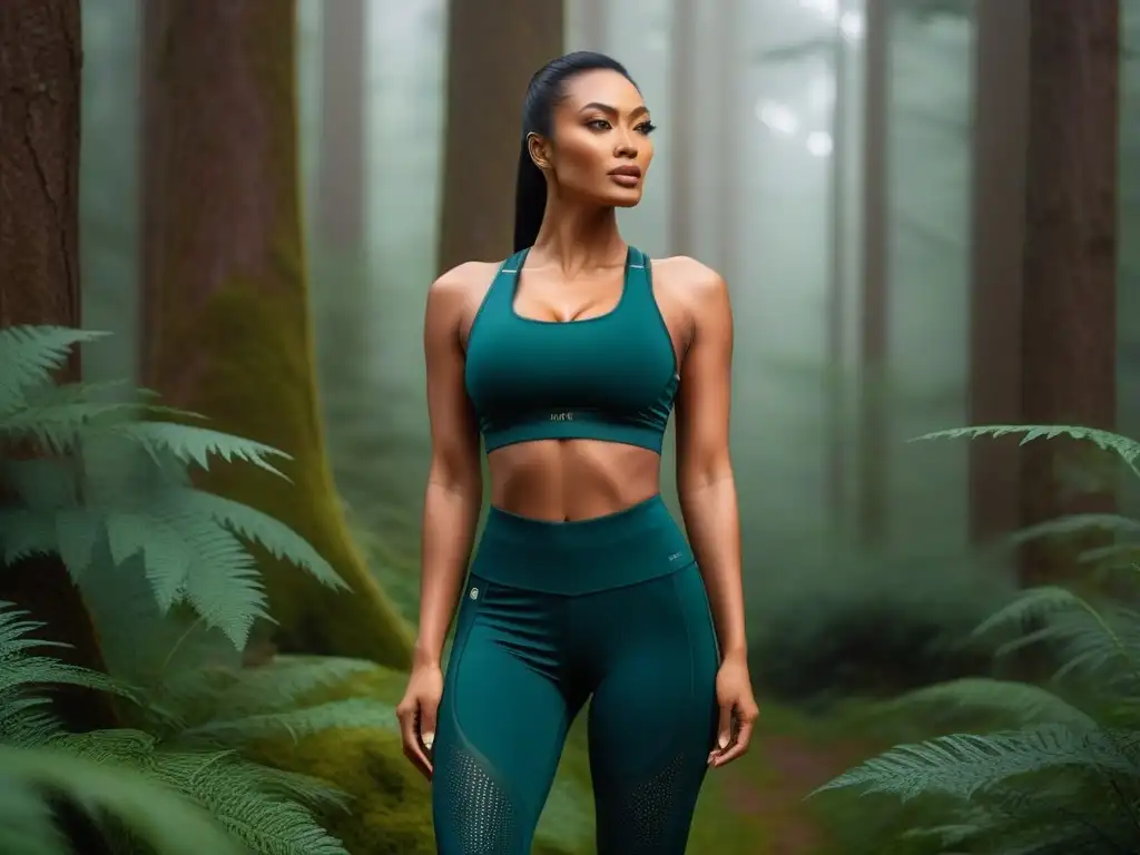 Ropa deportiva vegana de calidad en verde bosque con detalles láser para transpiración, muestra artesanía y lujo sostenible