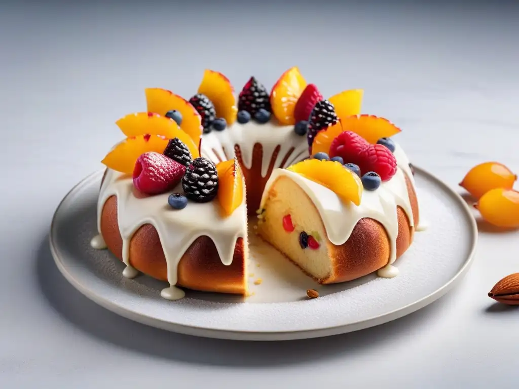 Un Roscón de Reyes vegano exquisitamente decorado en un elegante plato blanco, resaltando la receta vegana y sus detalles coloridos