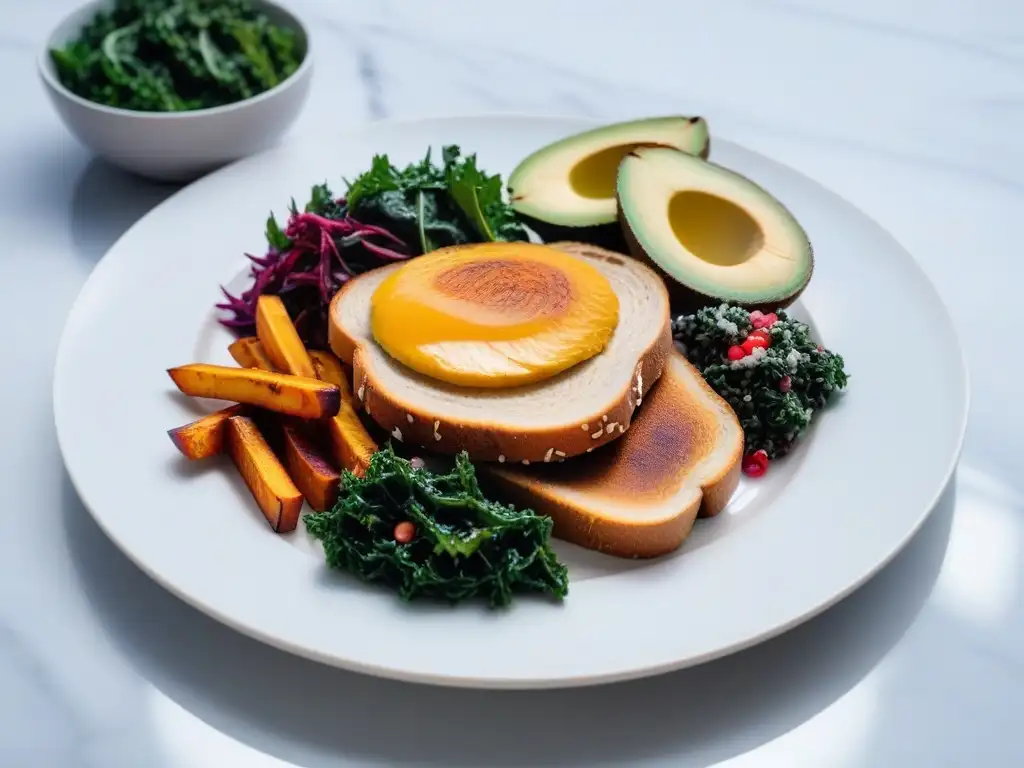 Deléitate con una ruta vegana americana de sabores vibrantes en un plato colorido y variado sobre una mesa de mármol blanco