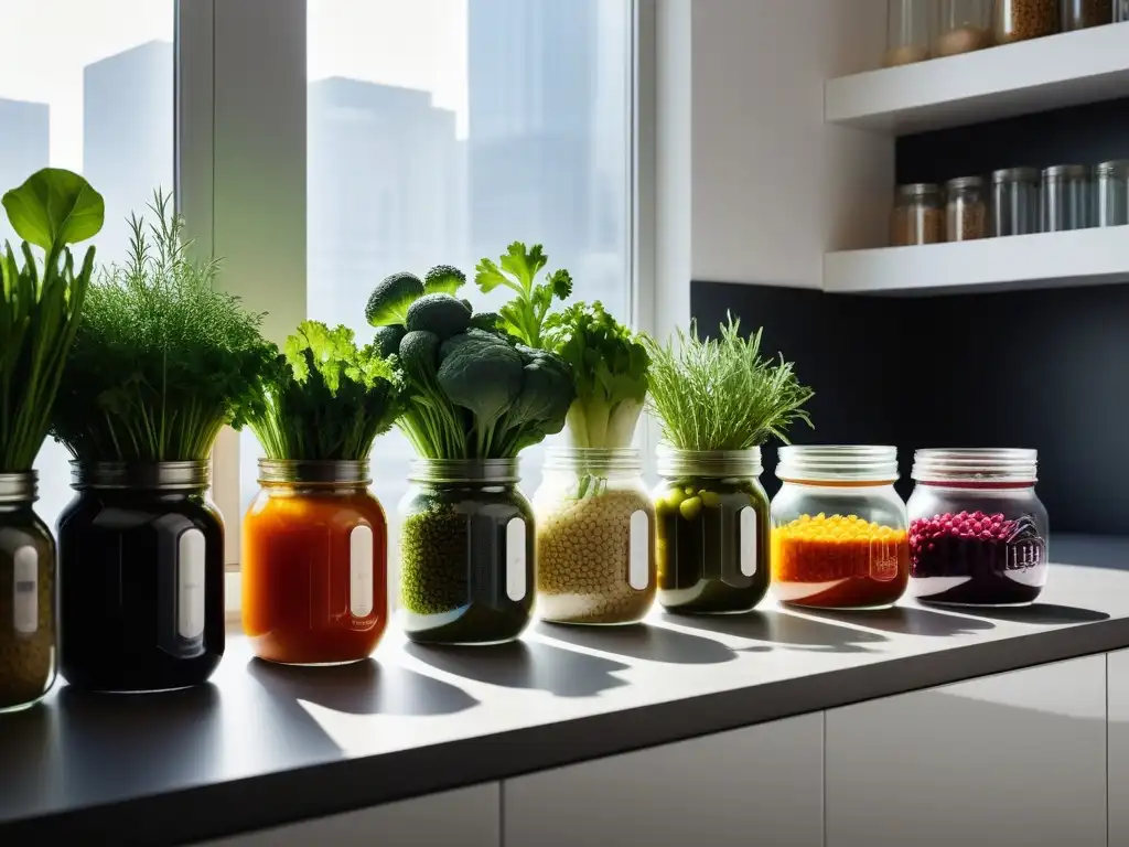 Cultivar sabores en espacios pequeños: escena de cocina minimalista con fermentación casera y hierbas frescas