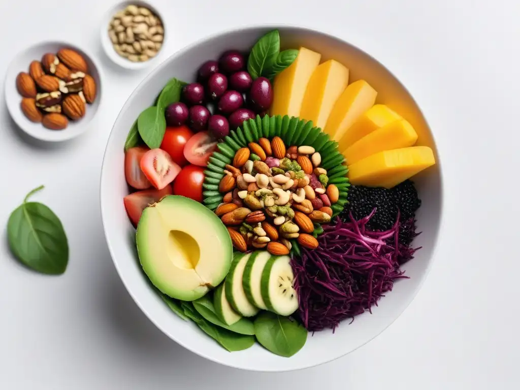 Sabores veganos experimentando química culinaria en un vibrante y colorido tazón de ensalada