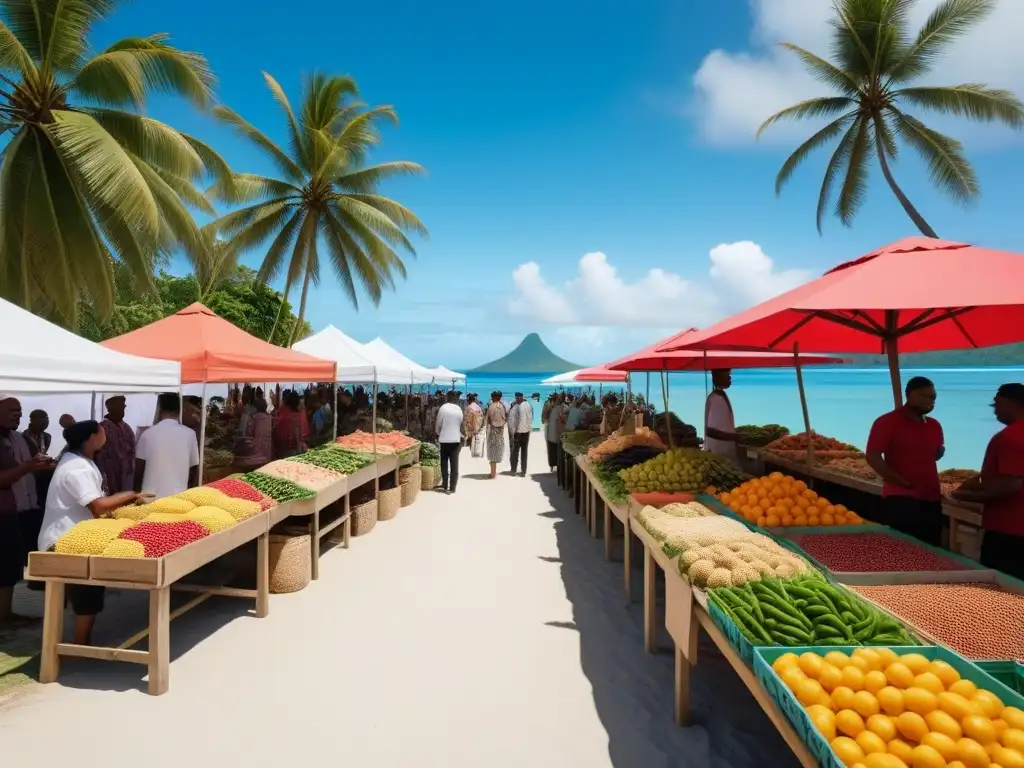 Mercado vegano vibrante en isla del Pacífico: la revolución culinaria Explorando sabores veganos en Oceanía: vibrante mercado de alimentos en una isla del Pacífico, con frutas y platos coloridos