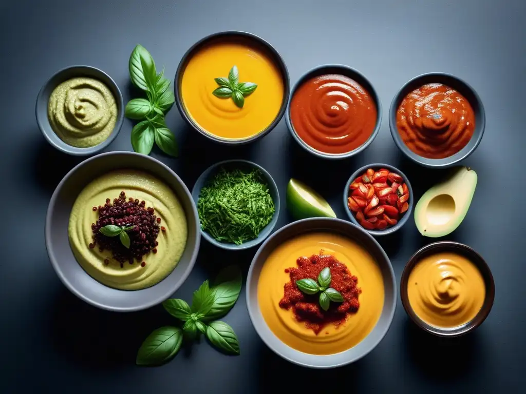 Sabrosas salsas veganas sin aceite: variedad de colores y sabores en elegantes cuencos, decoradas con hierbas frescas y reducción de balsámico