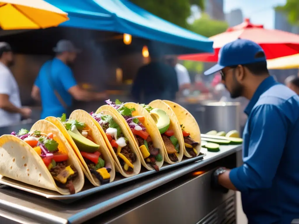 Sabroso taco vegano casero en carrito de comida callejera, con vegetales coloridos y salsa casera, en una bulliciosa ciudad