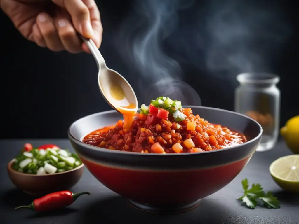 Una salsa roja vibrante de kimchi en un bol de cerámica, con textura burbujeante y sabores umami