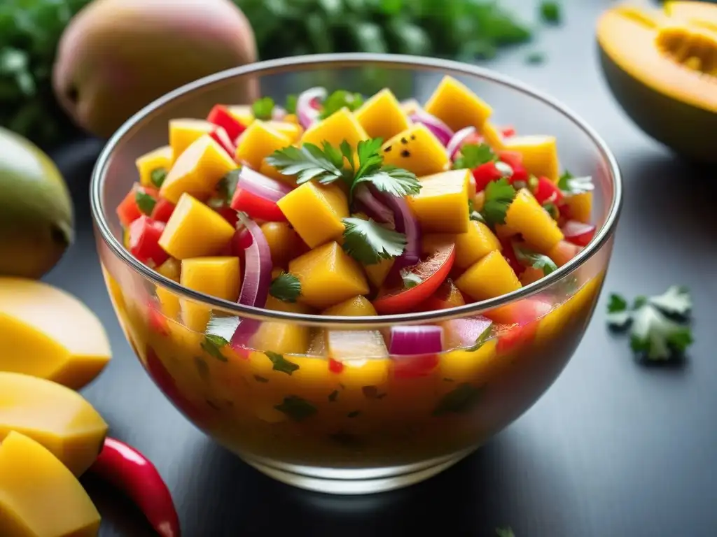 Salsa vegana casera original con mango, cebolla, pimientos, cilantro y limón en un elegante tazón de vidrio