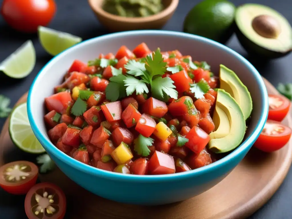 Una salsa vegana vibrante con carne de soya, tomate y cilantro, bañada en una cremosa salsa de aguacate