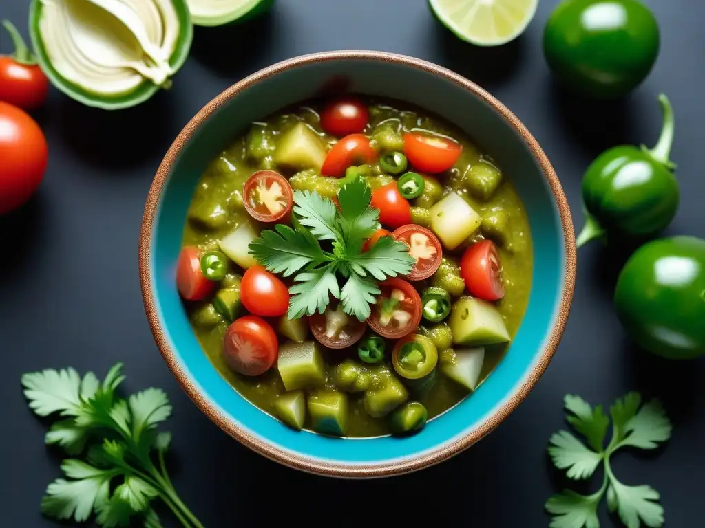 Salsa verde recién hecha sin aceite, con tomate, cilantro, jalapeños y cebolla en un tazón moderno