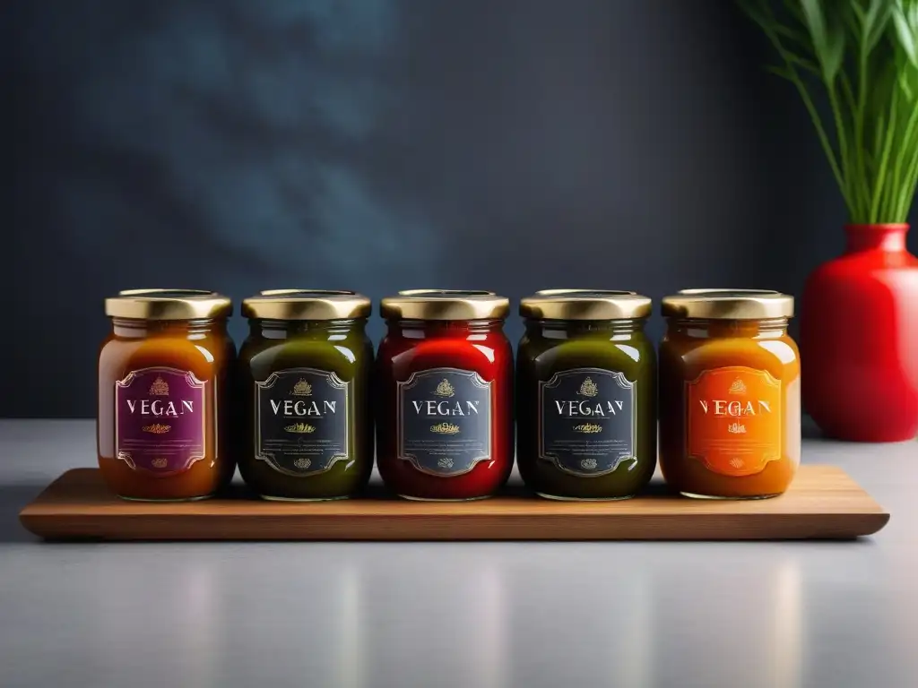 Salsas asiáticas veganas recetas: Coloridas salsas en frascos de vidrio con caligrafía elegante en inglés y chino en cocina minimalista de bambú