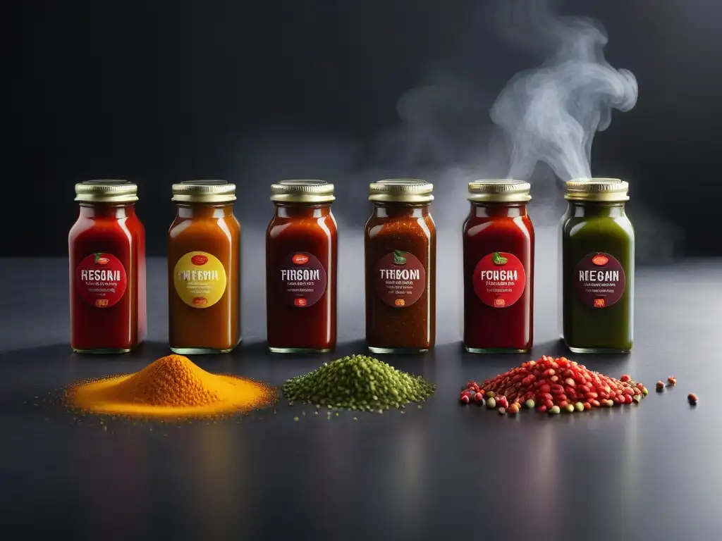 Salsas picantes veganas de distintos niveles de intensidad en envases modernos y coloridos junto a chiles y hierbas frescas