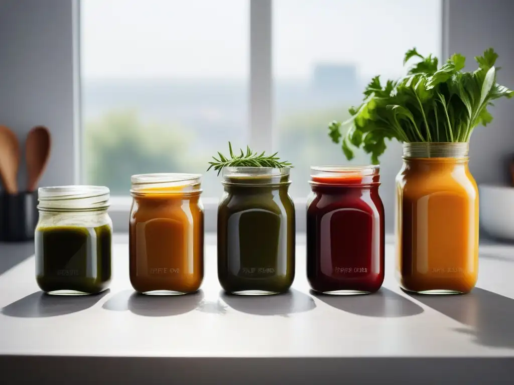 Salsas veganas sin aceite: variedad de coloridas salsas en frascos de vidrio sobre una encimera minimalista, frescas y sabrosas