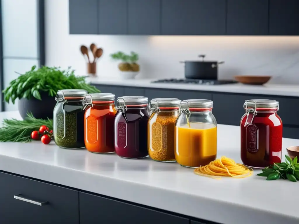 Salsas veganas para pasta gourmet: Cocina moderna con organización impecable y coloridas salsas caseras de aspecto apetitoso