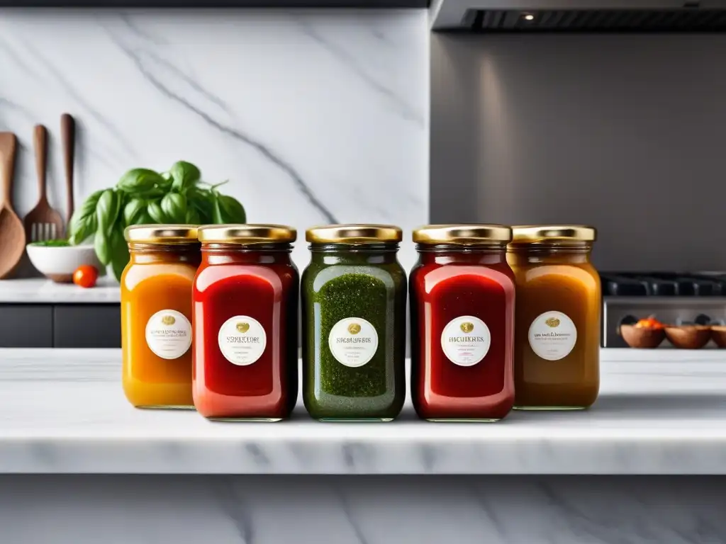 Salsas veganas para pasta gourmet en elegantes frascos de vidrio en cocina minimalista