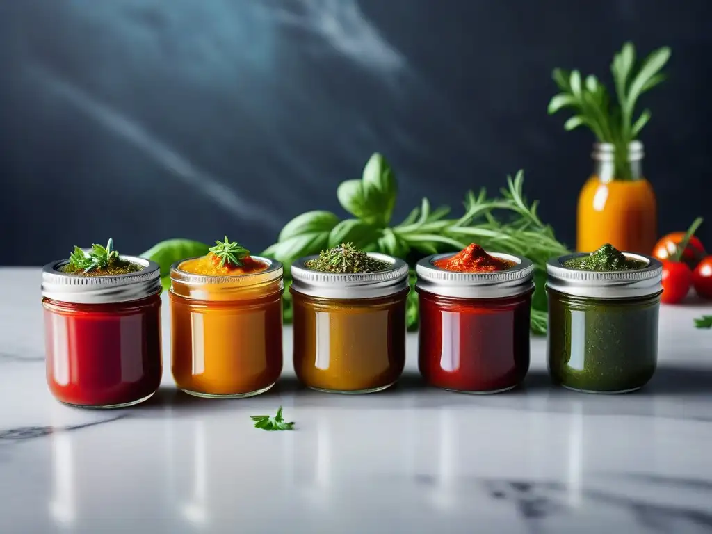 Salsas veganas para platos irresistibles: variedad de colores y texturas en tarros de vidrio sobre encimera de mármol