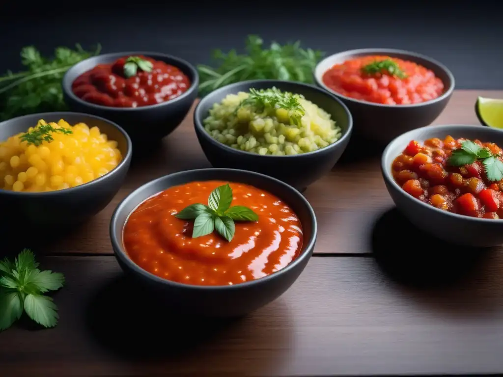 Salsas veganas para platos irresistibles: una vibrante variedad de colores y texturas en elegantes cuencos en una mesa de madera moderna