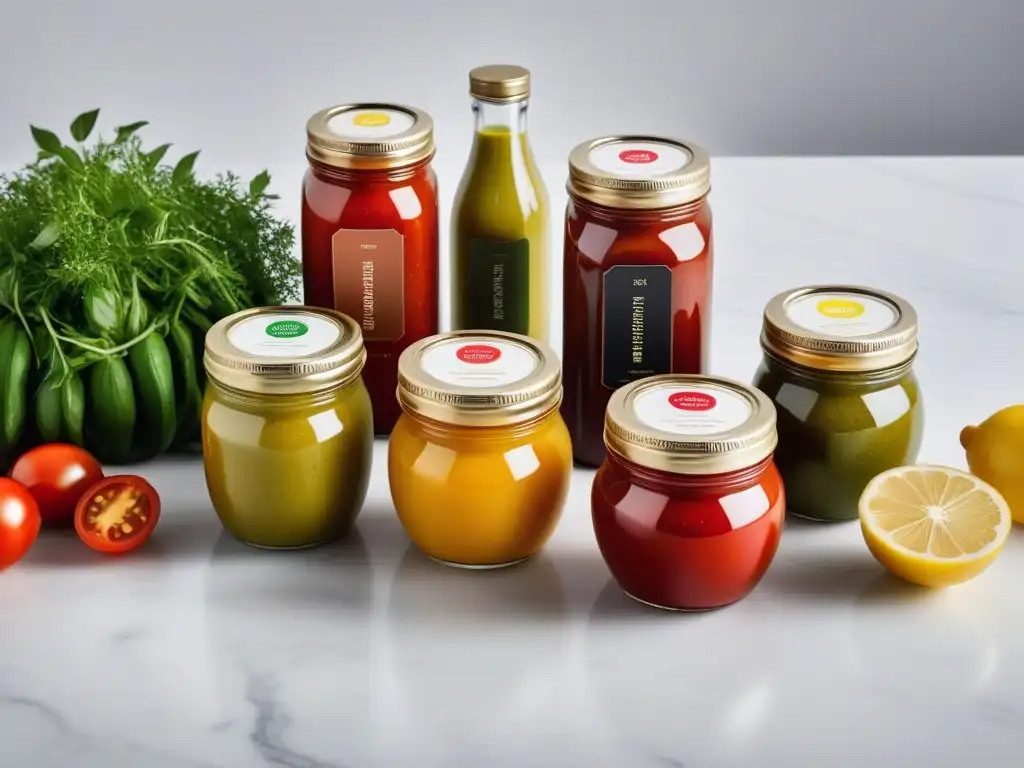 Salsas veganas para platos irresistibles en tarros de vidrio coloridos en una encimera de mármol con hierbas frescas