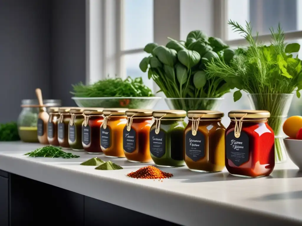 Salsas veganas para transformar platos: variedad de colores y sabores en elegantes frascos sobre una encimera de cocina minimalista