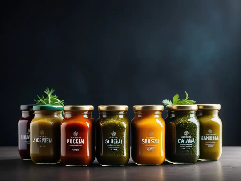 Salsas veganas del sudeste asiático en frascos de vidrio, colores vibrantes y detalles culinarios, en una cocina asiática moderna