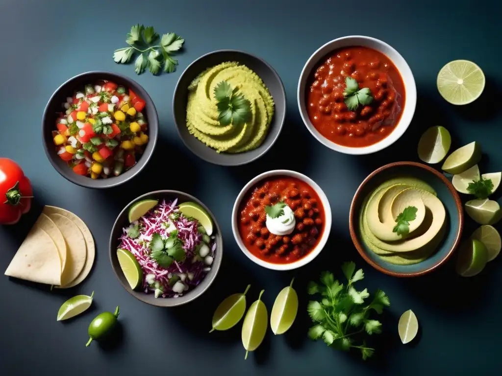 Salsas veganas para tacos auténticas en vibrantes colores y deliciosas texturas, listas para un festín culinario