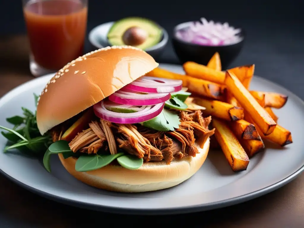 Sándwich de pulled pork vegano con toppings frescos y crujientes papas fritas doradas