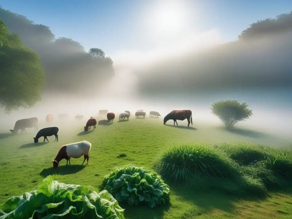 Un santuario sereno con animales rescatados pastando bajo el sol, mostrando la armonía entre humanos y animales en un entorno vegano