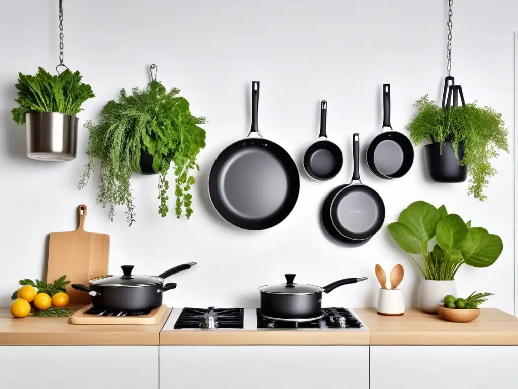 Sartenes ecofriendly en cocina vegana elegante y funcional, con diseño sostenible y plantas verdes