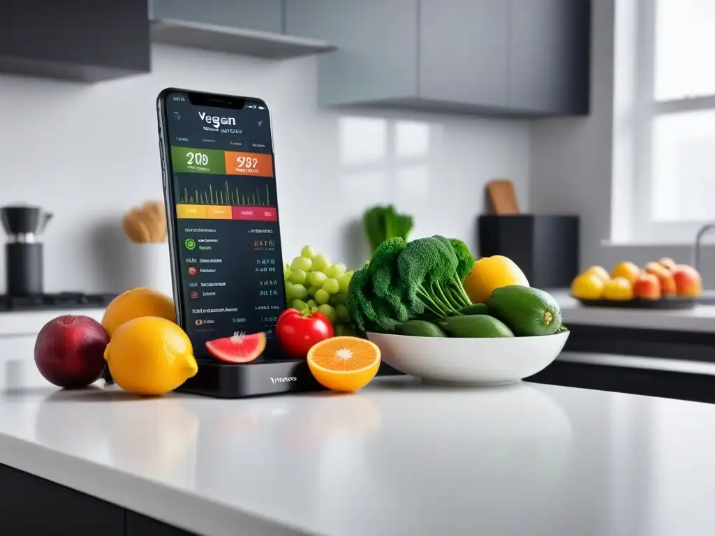 Aplicación seguimiento nutricional vida vegana: moderna pantalla de smartphone con app colorida y amigable en cocina saludable