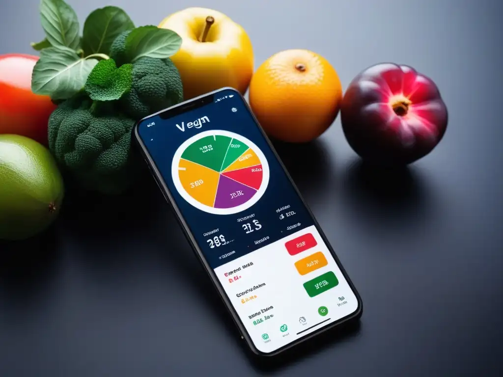 Aplicación seguimiento nutricional vida vegana en un smartphone futurista con diseño vibrante y detallado, rodeado de frutas y verduras orgánicas