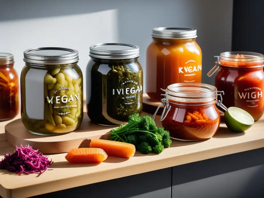 Una selección colorida de alimentos veganos fermentados en frascos de vidrio en una cocina minimalista