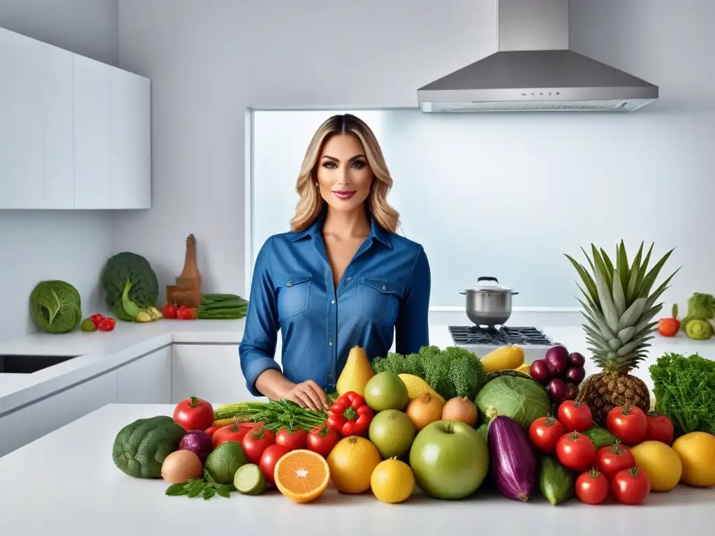 Una selección colorida de frutas y verduras frescas sobre una encimera minimalista