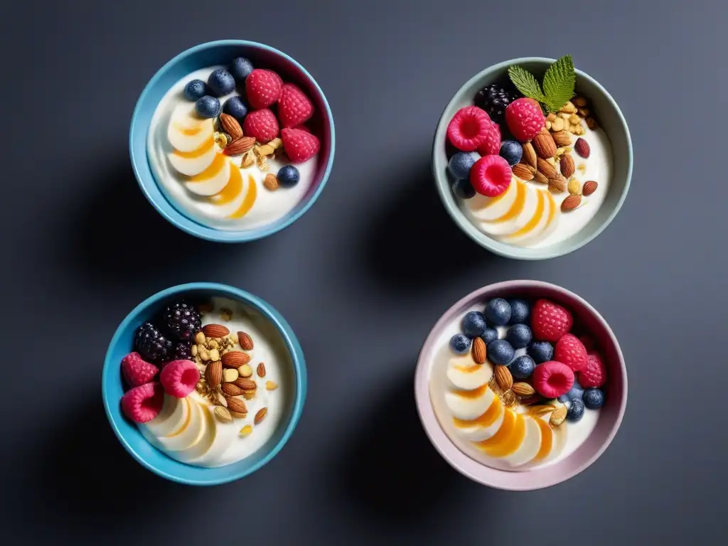 Una selección de coloridos bowls de yogur vegano en una mesa minimalista, transmitiendo sofisticación y elecciones saludables