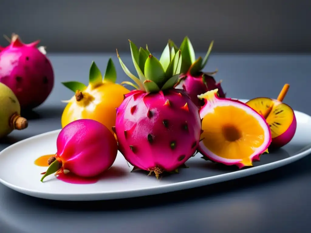 Una selección exquisita de frutas exóticas frescas y jugosas en un plato blanco