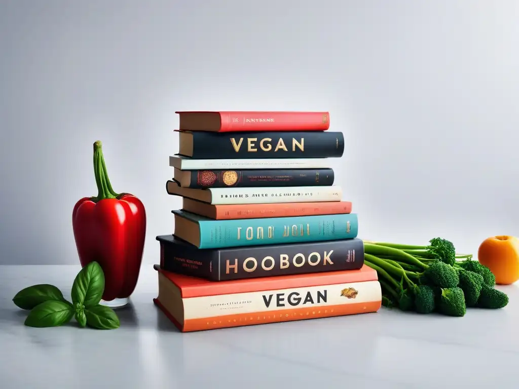 Una selección de libros de cocina vegana económica en un moderno espacio culinario