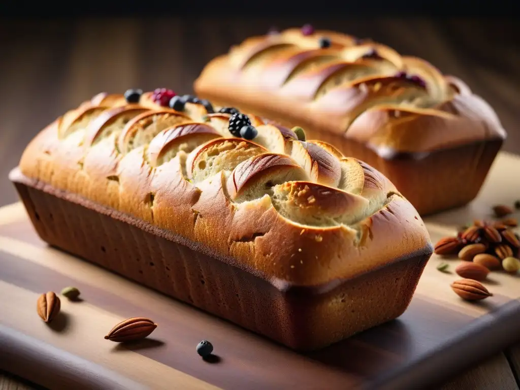 Una selección de panes veganos y sin gluten, decorados con semillas, nueces y frutas secas, sobre una tabla de madera