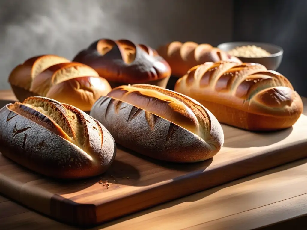 Una selección de panes veganos recién horneados en tabla de madera