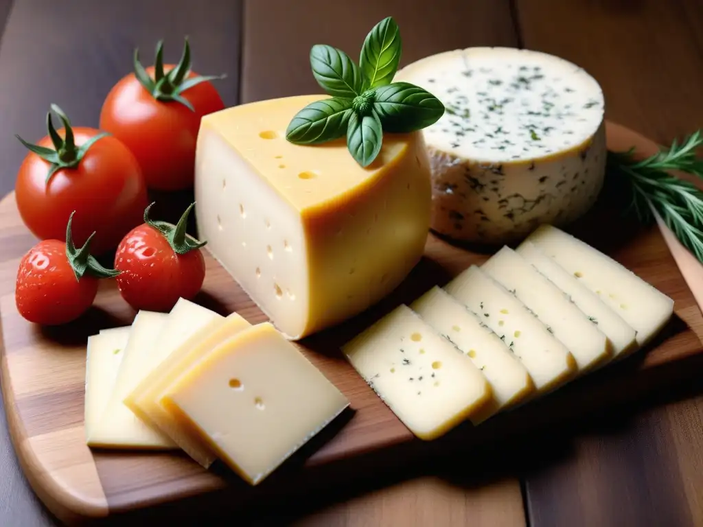 Una selección de quesos veganos fermentados sin lácteos exhibe texturas y colores únicos en tabla de madera elegante