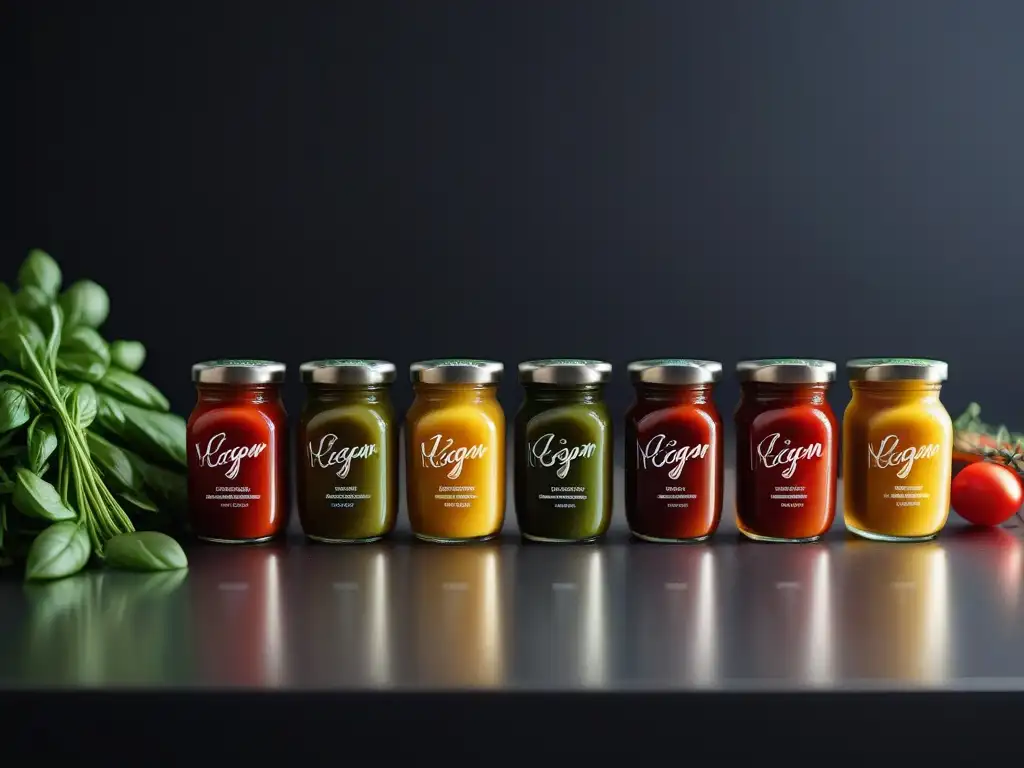 Una selección de salsas veganas en tarros de cristal, presentadas con elegancia en una cocina moderna