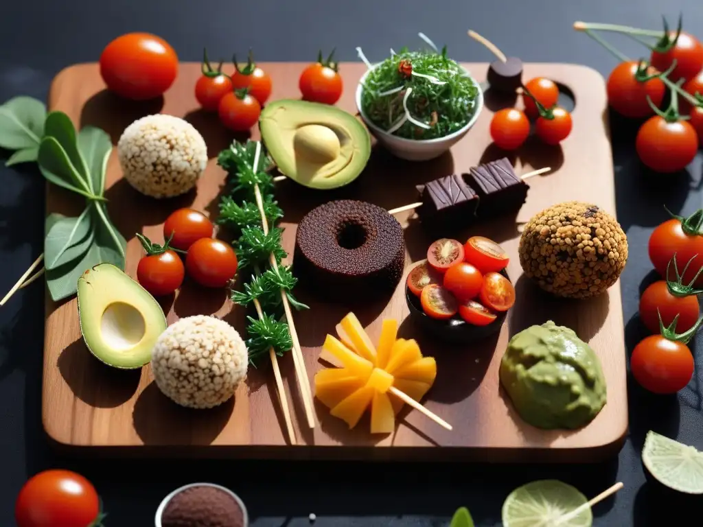 Una selección de snacks veganos saludables y deliciosos, con tostadas de aguacate, chips de kale, bolitas de energía y brochetas de fruta fresca