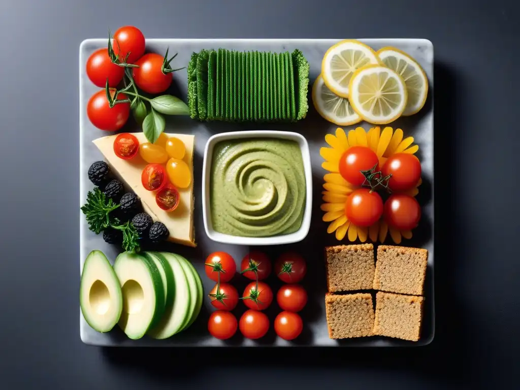 Una selección de snacks veganos saludables y deliciosos en una presentación colorida y elegante