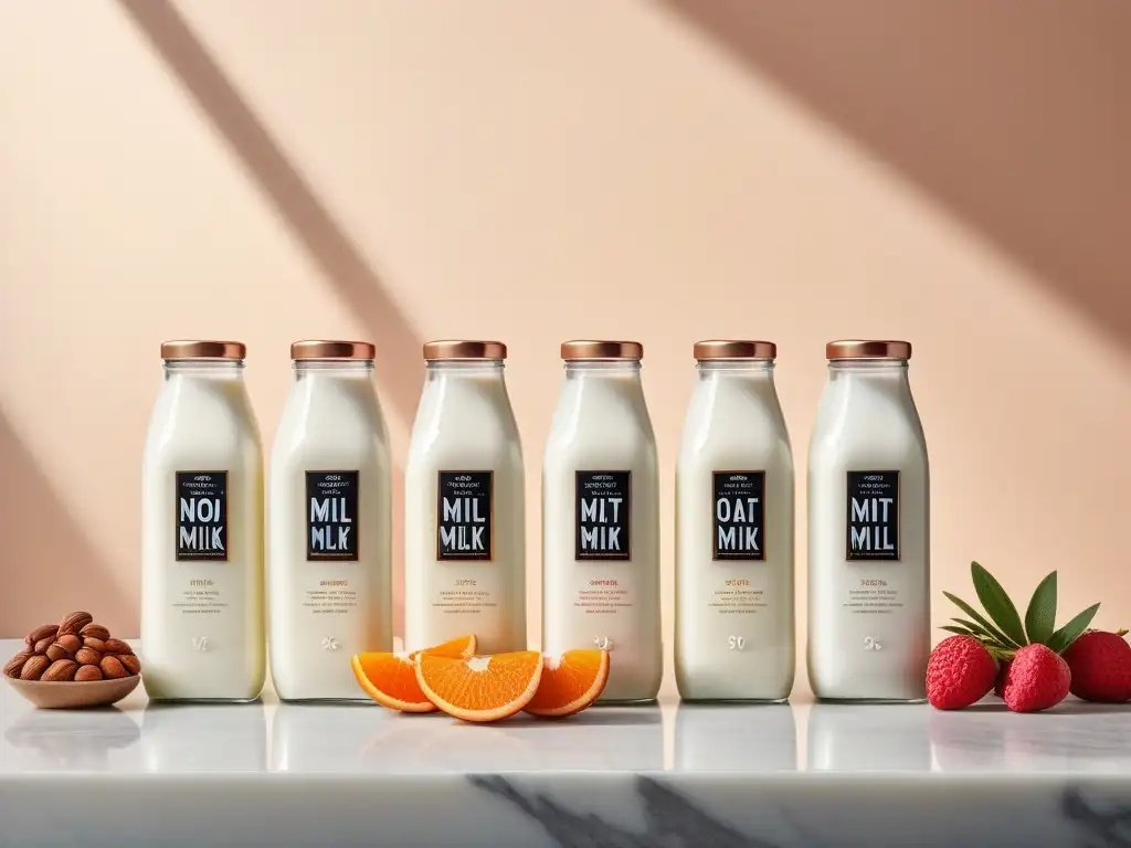 Una selección de sustitutos veganos de leche en elegantes botellas de vidrio sobre una encimera de mármol, con frutas frescas y nueces