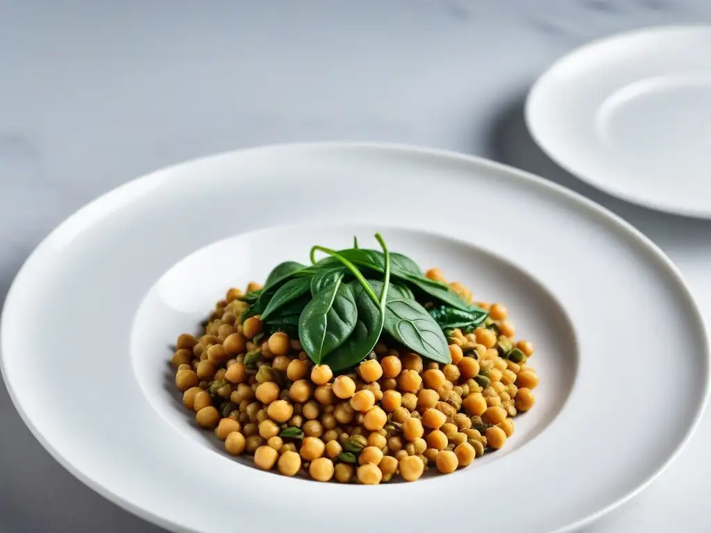 Una selección variada de fuentes de hierro vegano, como lentejas, tofu, espinacas y semillas de calabaza, dispuestas de forma elegante en un plato blanco minimalista