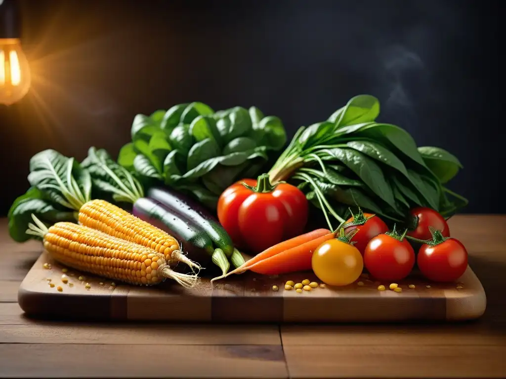 Una selección de vegetales frescos y coloridos en una tabla de cortar de madera, con gotas de agua brillando bajo una suave luz natural